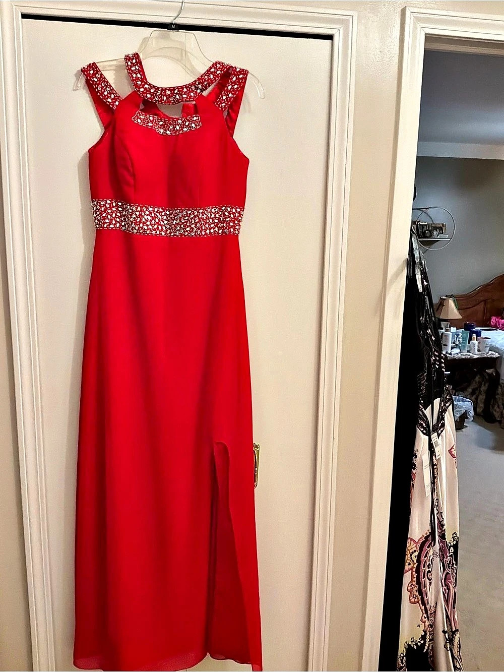 CUSTOM WINNING PROM DRESS Red Embellished Maxi Dress